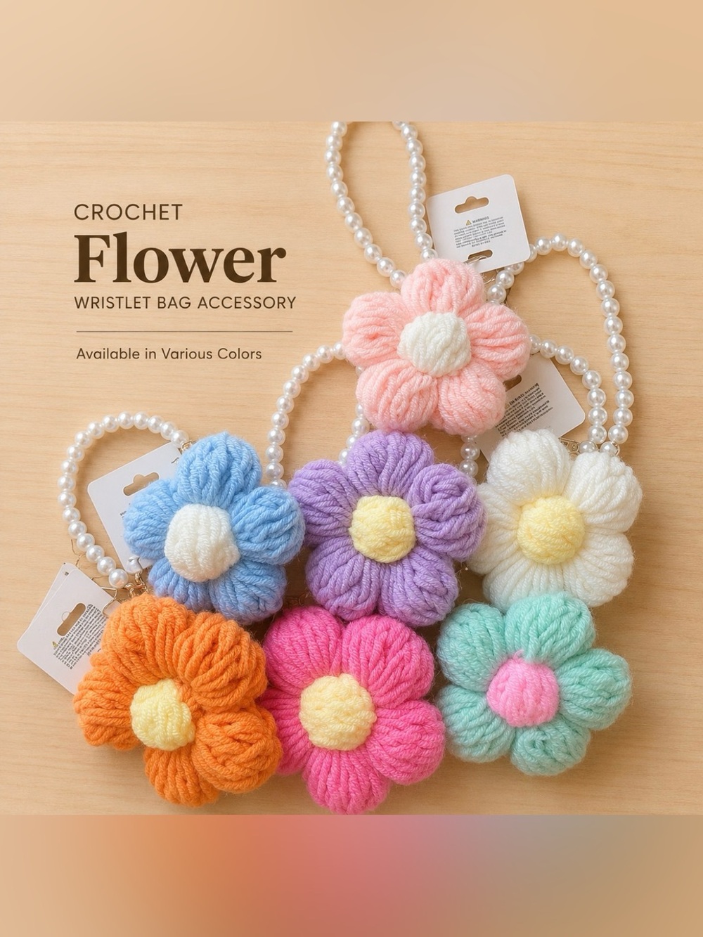 Crochet Flower w/Pearl Wristlet Bag Charm in Various Colors - Choose 1